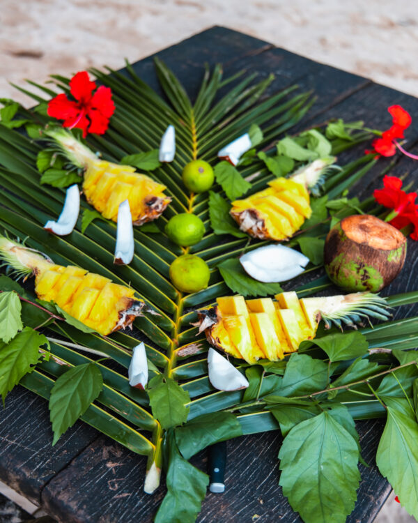 A table with some food on it and leaves