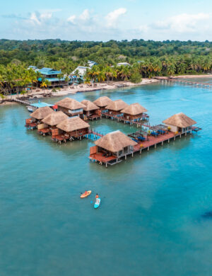 A group of houses on stilts in the middle of water.